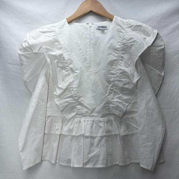 Express Blouse Crisp White Deep VNeck Ruffle Trim Bubble Shoulder Zip Closure XS - Picture 1 of 7